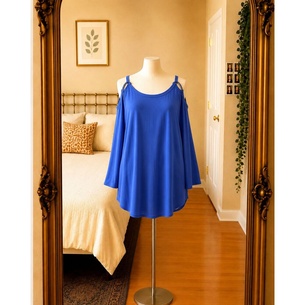 CW Classics Women Plus Size 2X Blue Cold Shoulder Ladder Sleeve Top